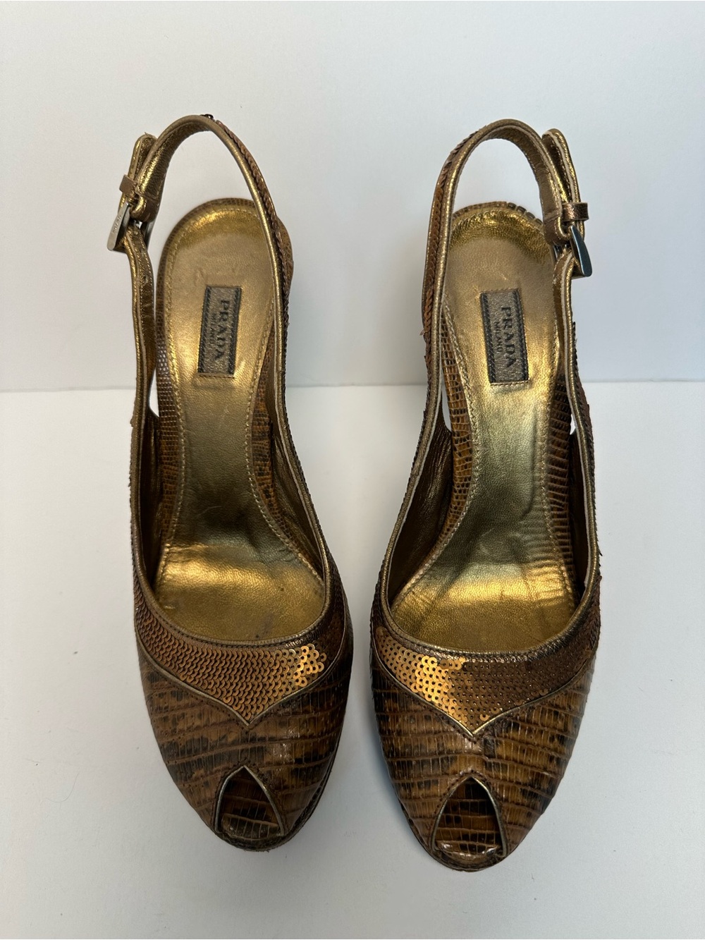 Prada Metallic Brown Peep-Toe Slingback Heels